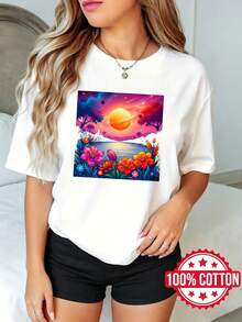 Women's Short Sleeve Crew Neck Printed T-Shirt, Summer, Casual Colorful Sunset Landscape With Flowers S-3XL 100% Cotton Material - 白色 - 查看 1