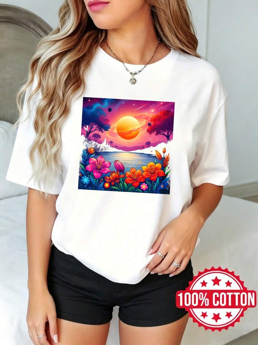 Women's Short Sleeve Crew Neck Printed T-Shirt, Summer, Casual Colorful Sunset Landscape With Flowers S-3XL 100% Cotton Material - 白色 - 查看 1