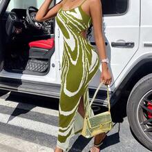 BamGlam Graphic Print Striped Brush Print Bodycon Dress Split Hem Cami Dress Maxi Women Outfit - Morado - Ver 7
