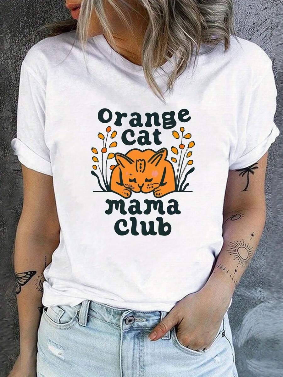 Camiseta de cuello redondo estampada en naranja, top casual de manga corta para primavera y verano, ropa de mujer. - Blanco - Ver 1