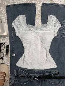 Blusa de encaje de unicolor elegante para mujer, de verano - Blanco - Ver 1