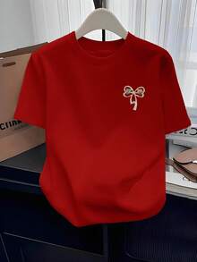 Women's Short-Sleeved T-Shirt, Athleisure Style, Vintage, Elegant, Exquisite, Fashionable, With Creative Bow Brooch Print, Soft, Comfortable, Loose, Casual, Streetwear, Sportswear, Ideal For Parties, Holidays, A Beautiful Gift. - 紅色 - 查看 7