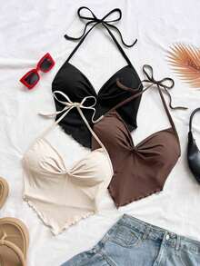 Nuevo atuendo casual de primavera/verano para vacaciones, boda en la playa, invitado de boda, graduación, brunch, Día de San Patricio, Spring Break, Pascua, festival de música, elegante, bohemio, tropical, top con atar en el cuello para fiesta - Multicolor 3 - Ver 4