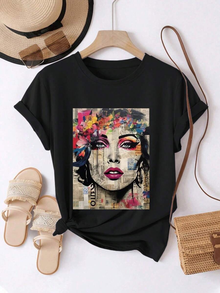 Women's T-Shirt: Comfortable And Casual Short-Sleeved T-Shirt With A Round Neck And Artistic, Modern, And Colorful Prints Of Female Faces. Regular Length, Suitable For All Seasons. Everyday Fashion For Women's Spring And Summer Wear. - 黑色 - 查看 1