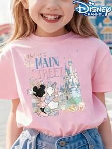 Disney Girls' Short Sleeved T-ShirtCute Disney Style Men's T-Shirt Minnie Mouse And Daisy Duck Main Street Castle Design Summer Casual Wear For Kids And Teens Gift For Disney Fans - Hồng - Xem 1