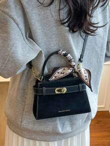 Dedoo Fashionable High-End Litchi Grain Women's Handbag, Minimalist With Decorative Adjustable Shoulder Strap, Crossbody Bag, Refined Metal Lock Closure, Magnetic Snap Closure Multi-Functional Lightweight Tote Bag, Minimalist Solid Color Handbag, Durable PU Material Women's Shoulder Bag, Suitable For Gifting Friends, Shopping, Dating, Business Travel, Vacation (Scarf Style Random) - Black - View 7