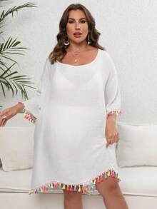 Plus Size Beach Dress For Women With Multicolored Fringe, Loose And Short, Various Colors, Ideal For Summer - White - View 3