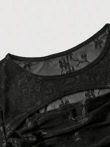 Camiseta De Malla Plisada Ahuecada Para Mujer - Negro 2 - Ver 5