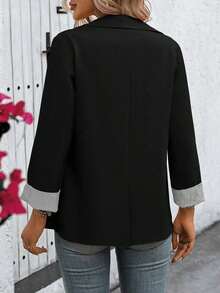 Clasi Chaqueta ligera de estilo casual de negocios para mujer, con cuello de solapa, apta para el lugar de trabajo, de unicolor, para primavera/otoño - Negro - Ver 2