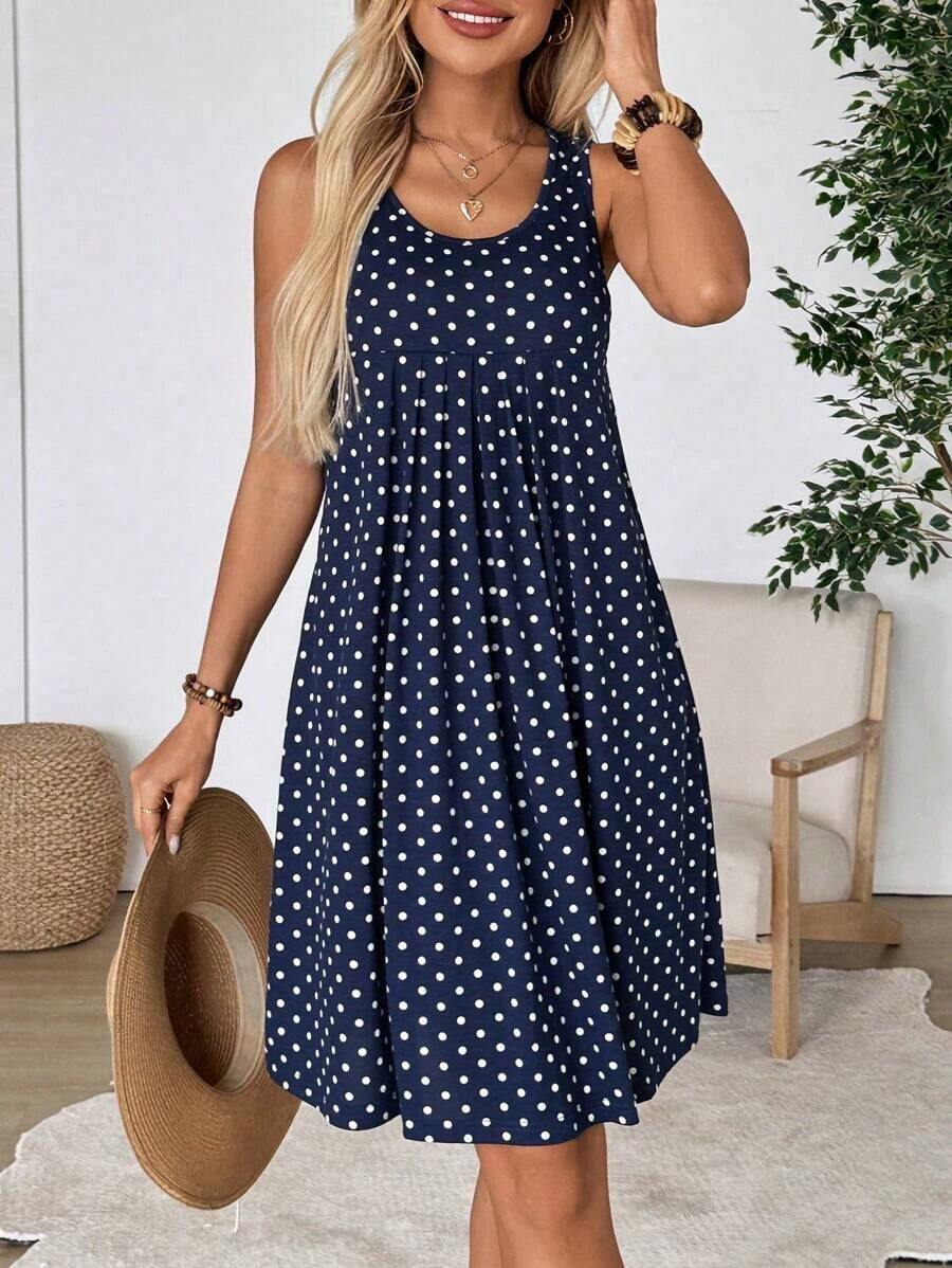 Vestido corto de verano para mujer de unicolor simple, cuello redondo, plisado y sin mangas - Multicolor - Ver 1