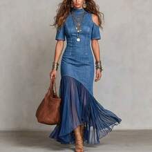 Womens Chic Denim Maxi Dress With Mesh Ruffle Hem Cold Shoulder High Neck Slim Fit Slightly Stretchy - 藍色 - 查看 1