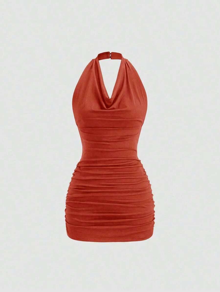 Vestido mini ajustado y sexy sin mangas con cuello drapeado y espalda descubierta con lazo - Rojo - Ver 1