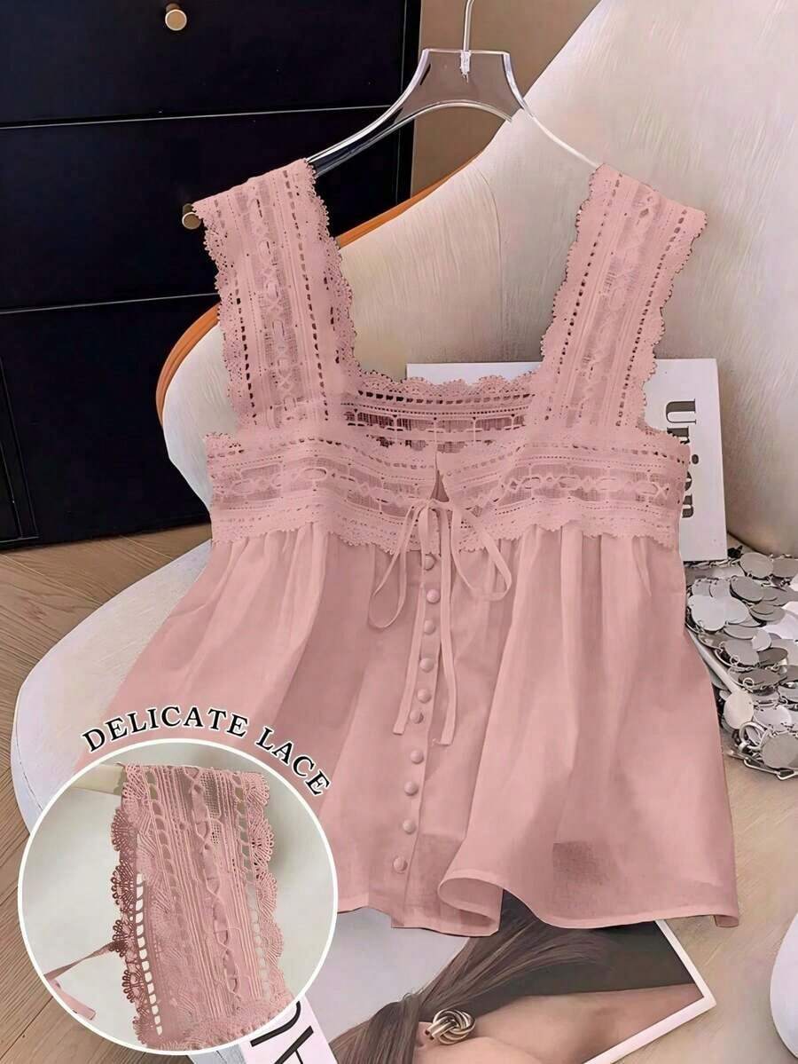 Blusa sin mangas de verano para mujer, de unicolor con parches de encaje - Rosa - Ver 1