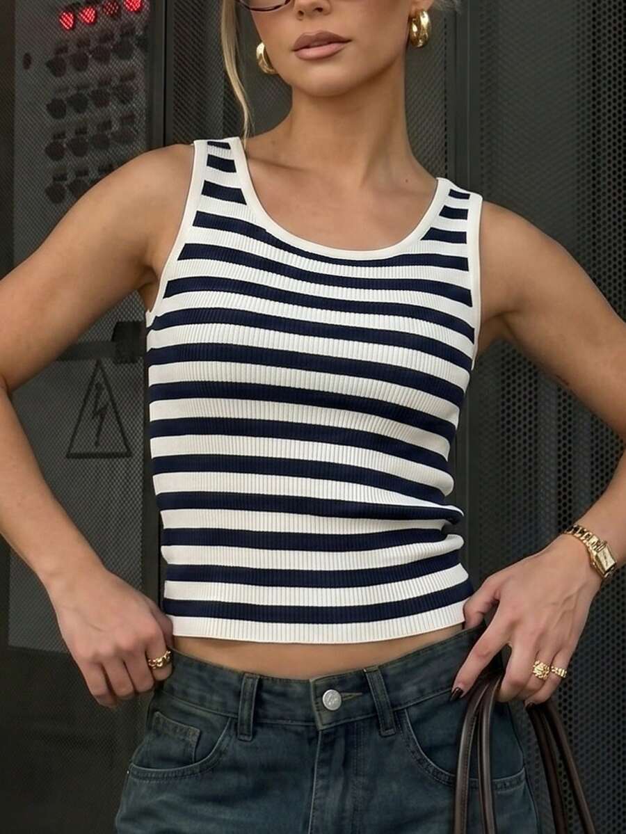 女士夏季新款简约艺术休闲日常穿搭撞色黑白条纹无袖背心,时尚百搭 - 白色 - 查看 1