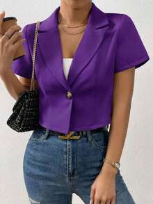Blazer de mujer de unicolor con un solo botón y manga corta, para uso casual en verano - Morado - Ver 3