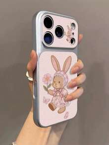 Cute Rabbit & Flower Pattern 17 Case, Compatible With IPhone 17 Pro Max, Faux Leather Texture Protective Cover Compatible With Iphone 16 Pro, Cartoon Design Compatible With Iphone 15/14 Full Body Smartphone Case - Pink - View 3