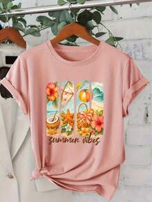 Women's Short-Sleeve "Summer Vibes" Series - Tropical Beach Print - Summer Print - Crew Neck - Casual Fashion - Vintage Style For Everyday Wear - Autumn And Winter Clothing - Women's Short-Sleeve T-Shirt - Casual, Fresh, Cute, Elegant - Women's Top - Sporty Style - Crew Neck - White - View 8