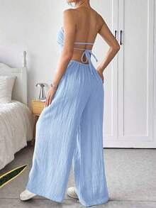 Mono de pierna ancha informal de mujer de talla grande, de algodón, con tirantes finos y espalda descubierta, para verano - Celeste - Ver 3