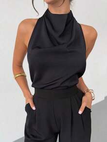 negra ajustada de estilo casual y elegante para la temporada de primavera/verano, con cuello asimétrico, sin mangas, escote halter, espalda descubierta y decoración de lazo - Negro - Ver 3