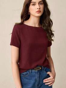 llegado de primavera/verano Camiseta de cuello barco en marfil, diseño de ribete en contraste negro, tejido texturizado, lazo de cintura ajustable, versátil para oficina, viajes, negocios, eventos sociales, formales, Día de la Madre, fiestas - Burdeos - Ver 1