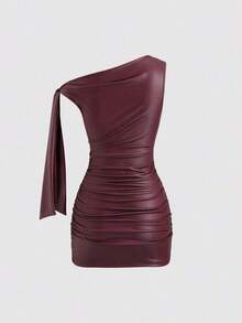 Nuevo vestido mini de verano de ajuste ceñido con cuello asimétrico, cintura fruncida y detalles de volantes laterales, en tela elástica con revestimiento de color vino tinto, adecuado para club, fiesta, cóctel y uso diario - Burdeos - Ver 2