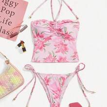 MOD 2pcs/Set Halter Neck Ruffled Floral Print Top With Side Tie Triangle Bottom Swimsuit,Tank Tops, Cute, Kawaii - Amarillo - Ver 2