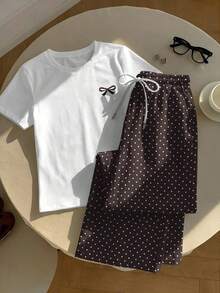 2 piezas Conjunto de top de manga corta con estampado floral bordado falso y rayas y pantalones a rayas, atuendo casual adecuado para el uso diario, citas, fiestas, otoño/invierno/verano, Navidad, Año Nuevo, Acción de Gracias, fiestas, bodas, - Multicolor 14 - Ver 3