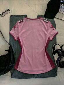 Camiseta holgada de manga corta con cuello redondo, estampado de rayas y letras en inglés de la Copa Mundial, en estilo minimalista casual y chic Y2K, para mujer - Multicolor 3 - Ver 2