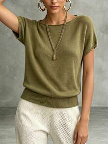 Bohemian Style Spring/Summer New Women's Holiday Olive Green Short Sleeve Knit Top, Boat Neck Design, Loose Raglan Sleeve, Solid Color Ribbed, Suitable For Daily, Commute, Party, Date, Casual, Vacation, Elegant Retro Versatile Simple Green Fashion Women Knit Sweater - Olive Green - View 5
