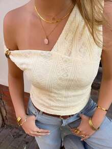Camiseta ajustada con hombro asimétrico, cintura fruncida y decoración metálica, elegante y modesta para uso diario, color blanco, primavera/verano - Albaricoque - Ver 6