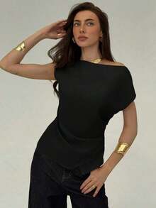 Blusa de oficina para mujer con cuello de barco, mangas cortas y corte cropped en color beige - Negro - Ver 4