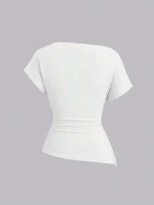 Camiseta de mujer de unicolor con pliegues, ajuste ceñido y hombro asimétrico de manga corta - Blanco - Ver 2