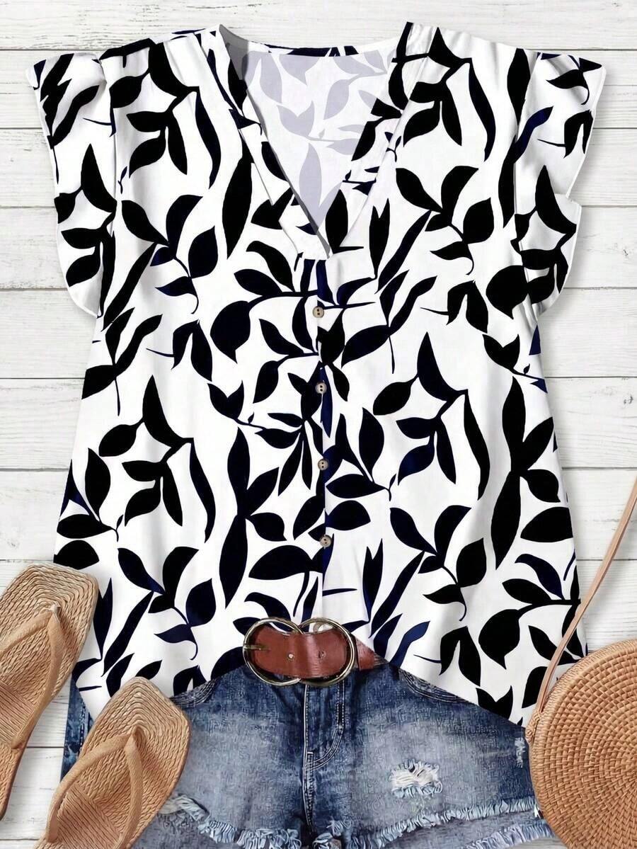 Camisa de mujer casual y minimalista con estampado botánico, adecuada para el verano - Blanco y Negro - Ver 1