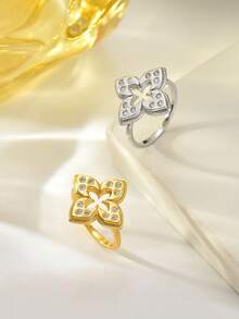 1 pieza Anillo abierto ajustable con flor de cuatro hojas hueca incrustada con piedra de circonita de cobre, estilo minimalista de moda, accesorio versátil para uso diario, regalo de vacaciones para mujeres - Multicolor - Ver 2