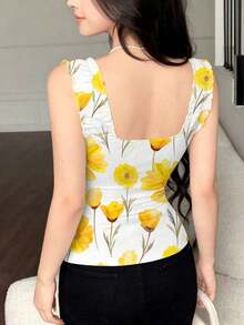 Top de tirantes con estampado de corazón y diseño de cintura ajustada, con lazo, moda de verano - Multicolor - Ver 2
