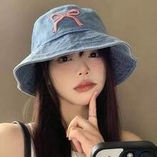 1件女款夏季新款蝴蝶結刺繡百搭時尚漁夫帽，大帽簷戶外防曬，四季皆宜 - 彩色 - 查看 10