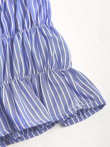 Conjunto de 2 piezas para mujer con top sin tirantes a rayas y pantalón de pierna ancha, con sensación relajada, ajuste elegante, para primavera - Azul - Ver 3