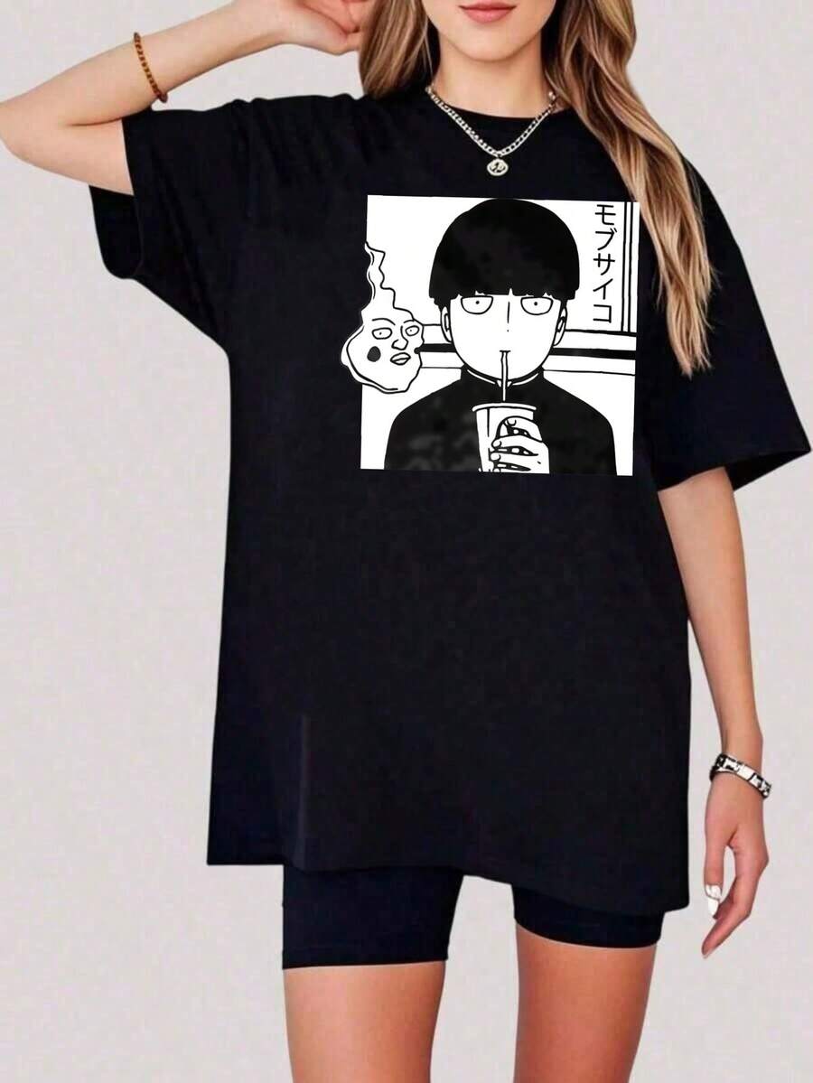 1 Piece 180g Camisera de Algodón para Mujer, Oversize Manga Corta Cuello Redondo con Estampado para el Diario y la Calle,designed by Y2K artists in the Bababask style - Negro 7 - Ver 1