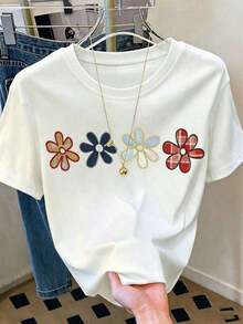 Camiseta de verano de manga corta para mujer con diseño estampado, corte holgado para uso versátil y durabilidad. Con un cuello redondo clásico, esta blusa casual es perfecta para el uso diario y salidas de vacaciones, elegante y práctica. - Blanco - Ver 8
