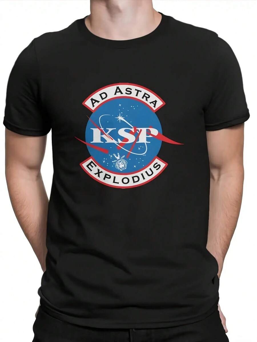 Camiseta de Hombre Kerbal KSP "Ad Astra Explodius" - Camiseta Gráfica Vintage de Juego Espacial con Personajes y Logotipo de Kerbal, Camiseta Casual de Manga Corta con Cuello Redondo para Fanáticos de KSP - Negro - Ver 1