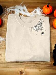 Camisa bordada con araña, camiseta de Halloween, temporada de terror, camisa con araña, camiseta de cuello redondo con diseño de bordado de Halloween para mujer - Beis - Ver 6