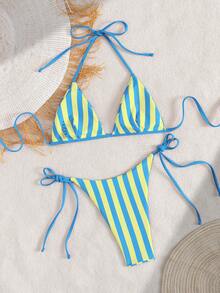 PEPPERMOLLY Set bikini de damă clasic cu dungi, bretele subțiri tip spaghete și top triunghi, costum de baie din două piese cu șnur reglabil pe lateral, elegant, pentru plajă, vacanță de vară - Albastru și galben - Vizualizare 3
