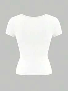 Camiseta de manga corta con cuello cuadrado de punto de unicolor, ajustada y sexy, estilo Y2K, para mujer Vaiaye, adecuada para actividades de primavera/verano y el Día de San Valentín - blanco grande - Ver 4