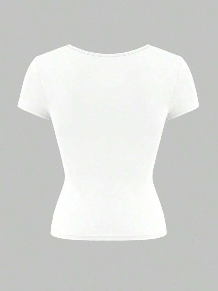 Camiseta de manga corta ajustada y sexy con cuello cuadrado de punto de unicolor para mujer Vaiaye, top de activewear para primavera/verano, adecuado para el Día de San Valentín en color rojo casual - blanco grande - Añade 4