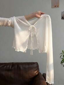Vestido camisero con adorno de encaje, blusa de punto transparente de manga larga como cubridor para mujeres, para el verano - Blanco - Ver 1