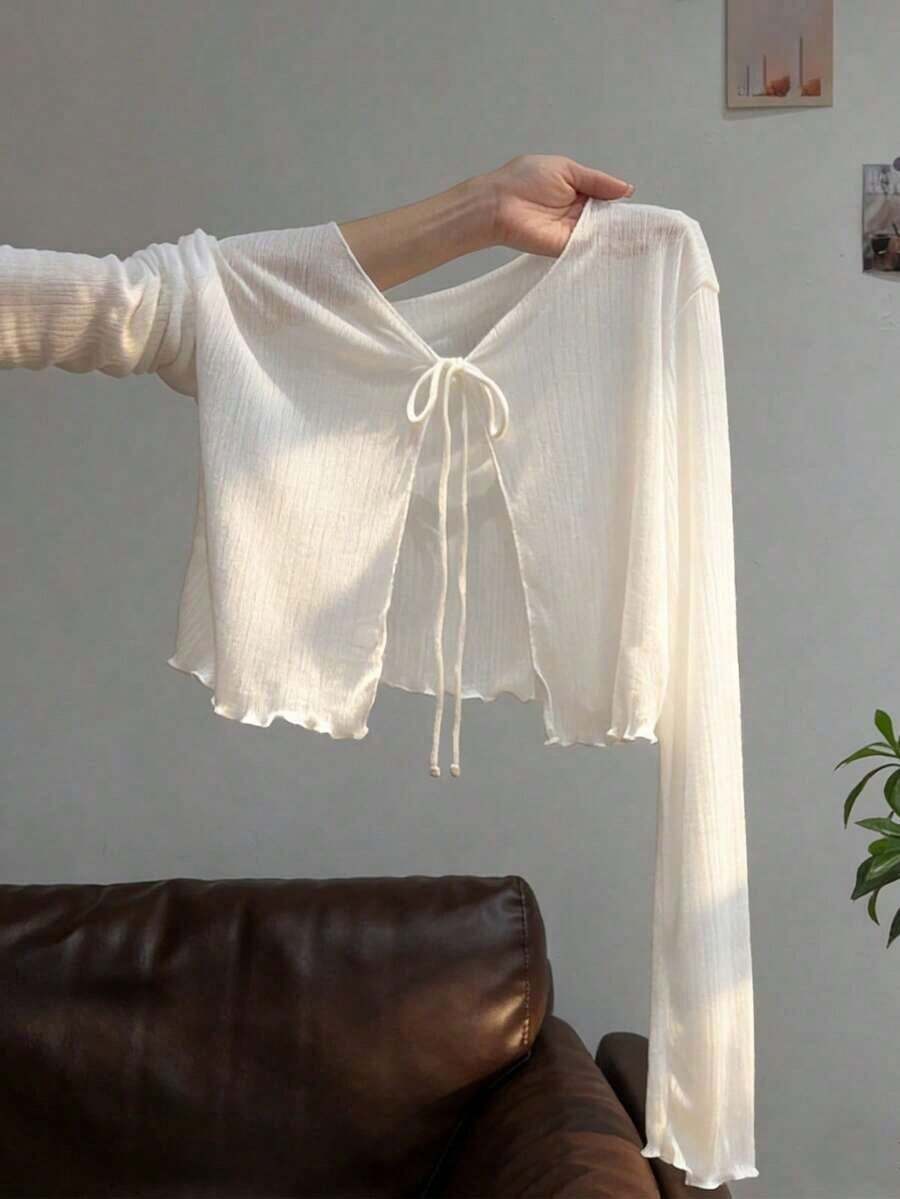 Vestido camisero con adorno de encaje, blusa de punto transparente de manga larga como cubridor para mujeres, para el verano - Blanco - Ver 1