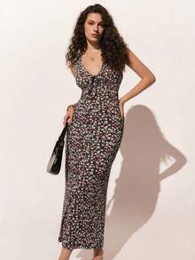 Vestido de verano con escote en V sin mangas con estampado floral diminuto para vacaciones en la playa - Rosa - Ver 8