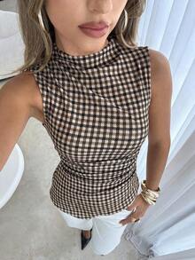 Camiseta ajustada con pliegues y estampado a cuadros para mujer, adecuada para uso diario, trabajo y viajes en verano - Multicolor - Ver 3