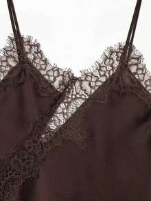 Nueva llegada Camiseta de mujer con decoración de encaje sexy, estilo europeo y americano para el verano - Marrón - Ver 4