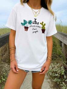 Women's 3XL T-Shirt, Retro Cactus Succulent Print, Short Sleeve, Round Neck, White Cactus Slogan Top, Suitable For Casual Wear, Stylish Blouse With Durable Theme, Will Look Great In All Seasons - 白色 - 查看 1